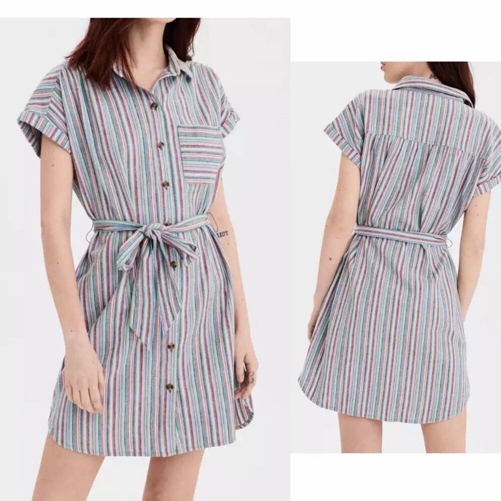 AMERICAN EAGLE Rainbow Striped Button Front Shirt Dress-M